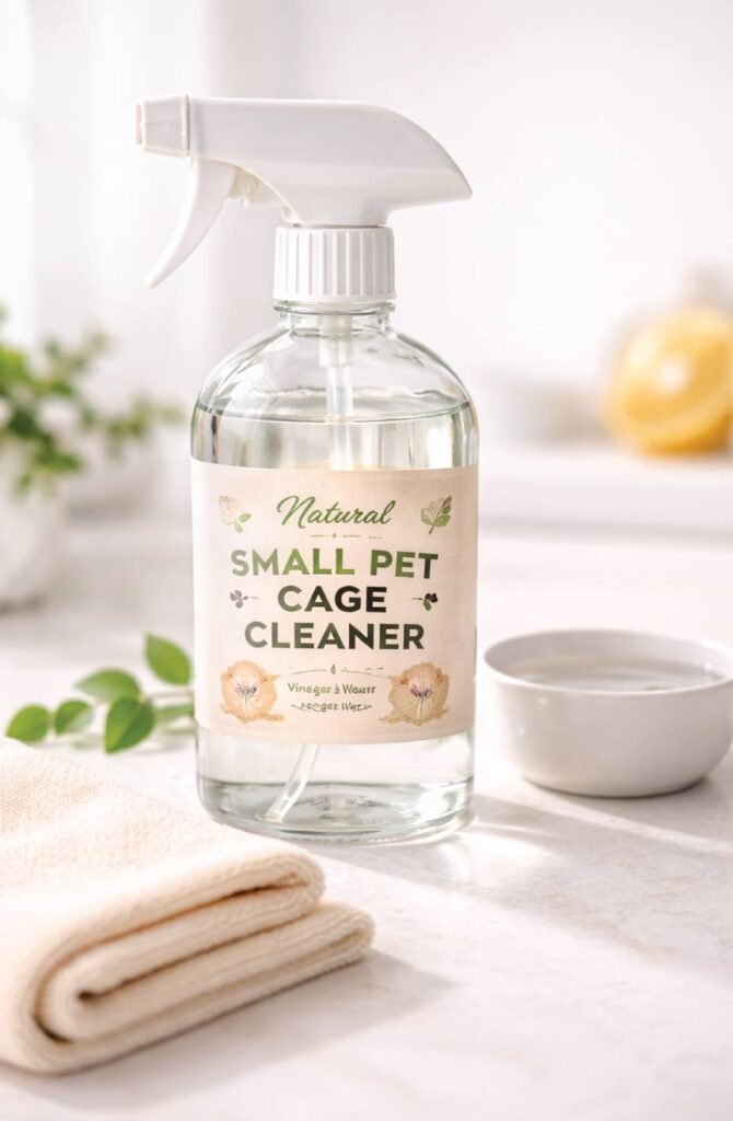 A glass spray bottle with natural vinegar cleaning solution for pet cages.