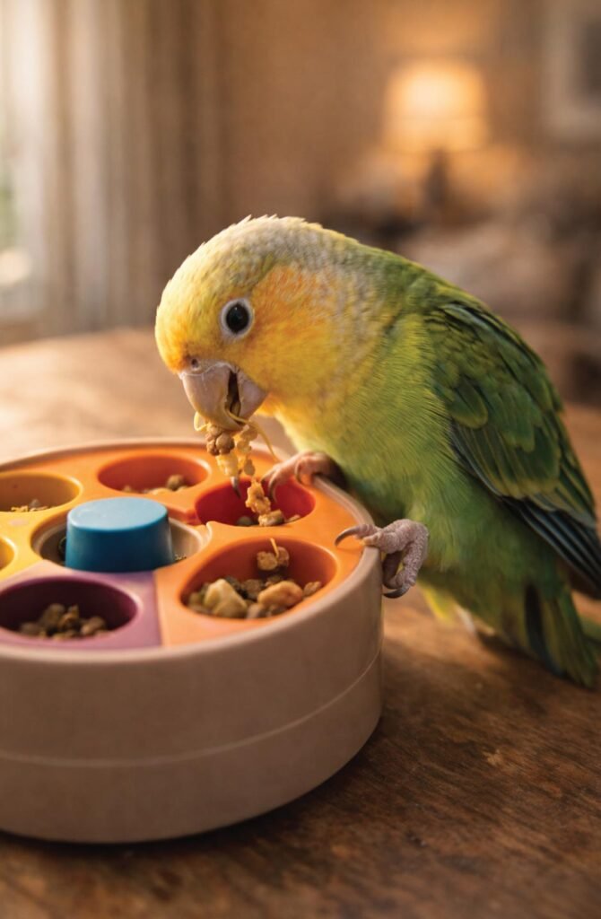 Content healthy parrot engaging with foraging enrichment puzzle toy showing natural behavior and mental stimulation
