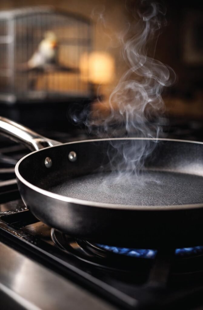 Non-stick Teflon pan releasing invisible toxic fumes dangerous to pet birds in kitchen environment