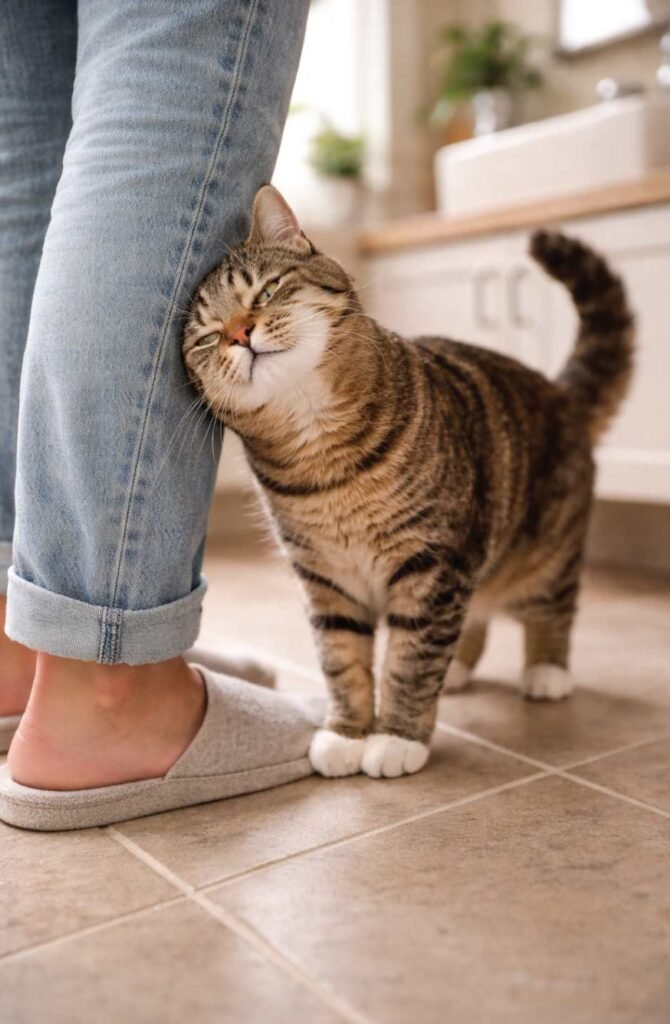 Tabby cat rubbing against owner's legs in bathroom showing affection and scent marking behavior
