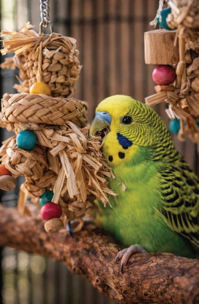Green parakeet safely playing with natural seagrass and wood foraging toys in bird cage