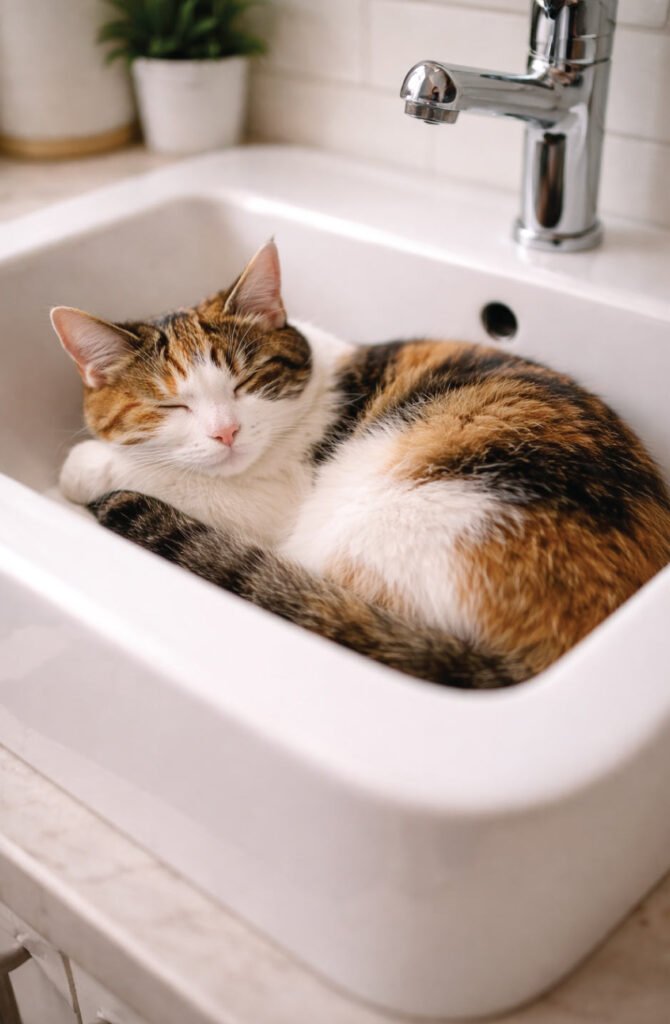 Calico cat sleeping peacefully in white bathroom sink enjoying the cool surface