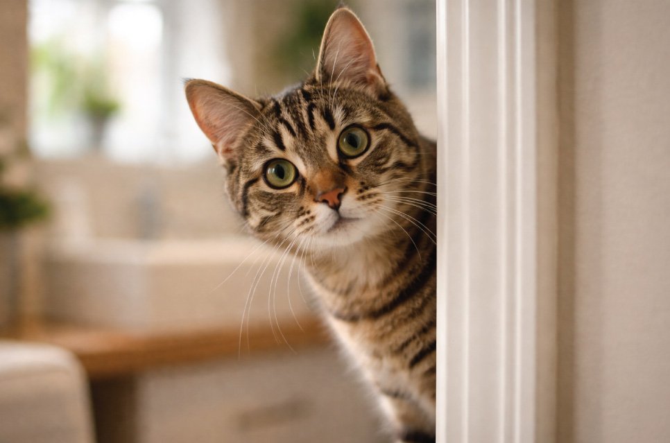 Curious cat peeking around bathroom door frame wondering why owner is inside