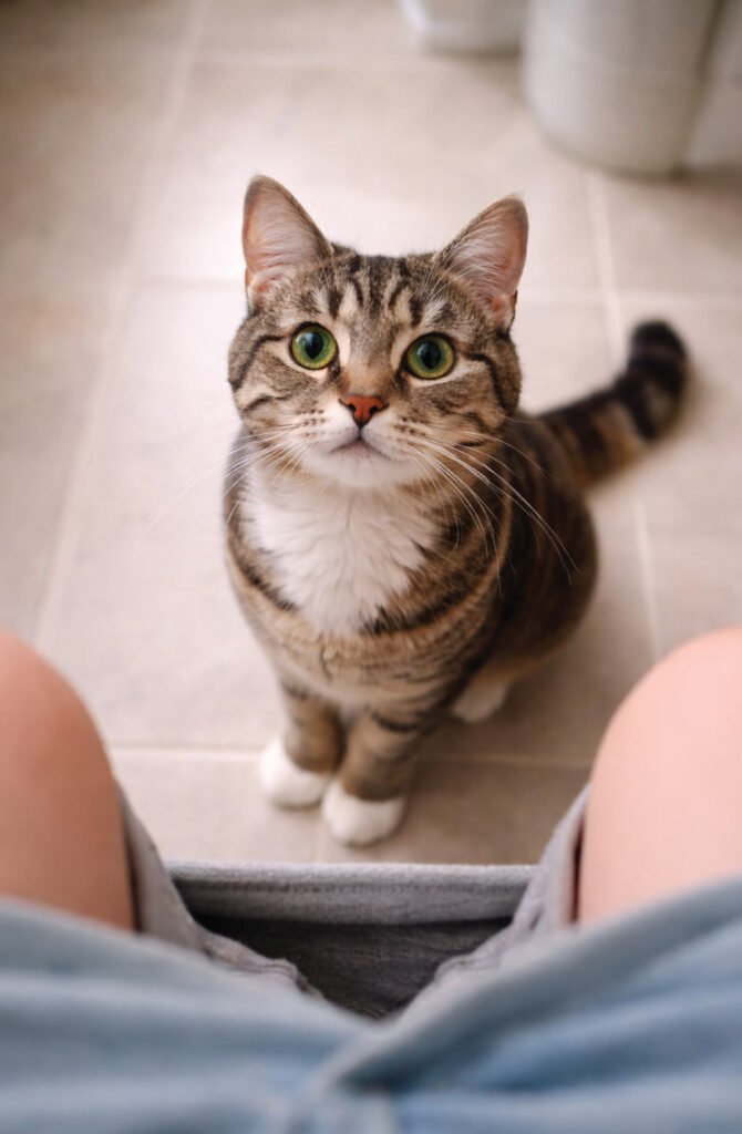 Cat sitting on bathroom floor looking up at owner with expectant eyes demanding attention during bathroom time