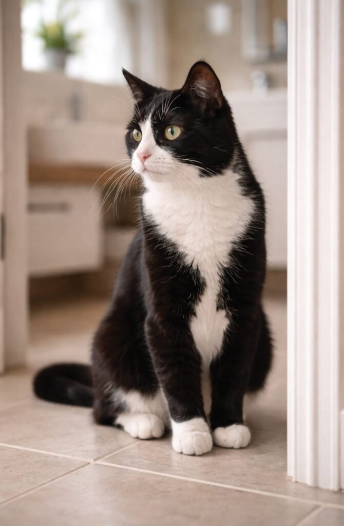 Alert tuxedo cat standing guard in bathroom doorway protecting owner