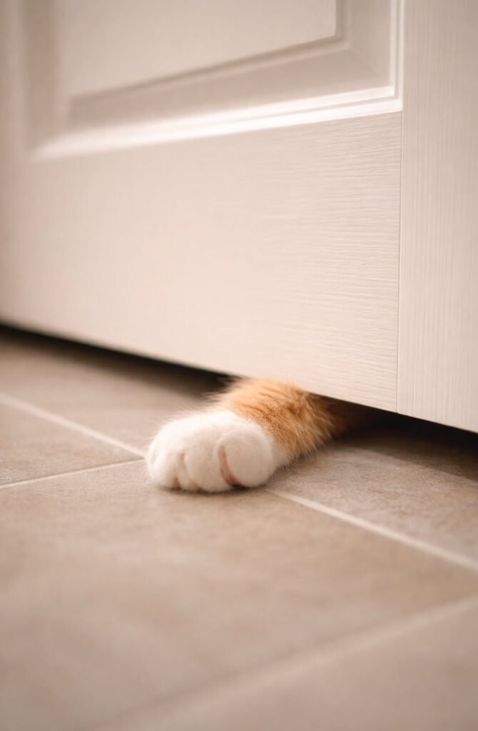 Cat's paw reaching under closed bathroom door showing FOMO behavior