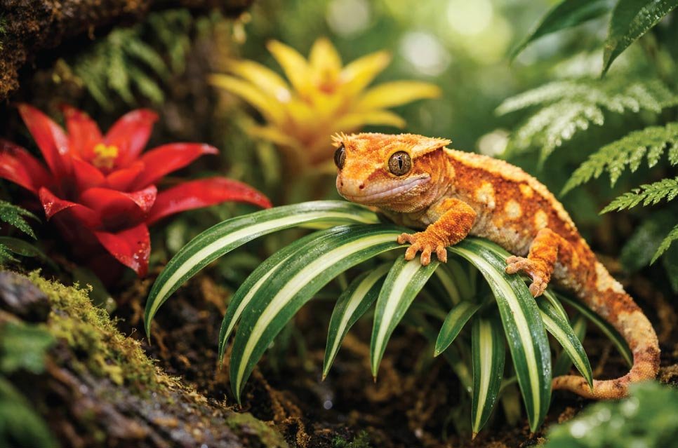 Crested gecko in a bioactive terrarium with safe non-toxic plants including spider plants and bromeliads