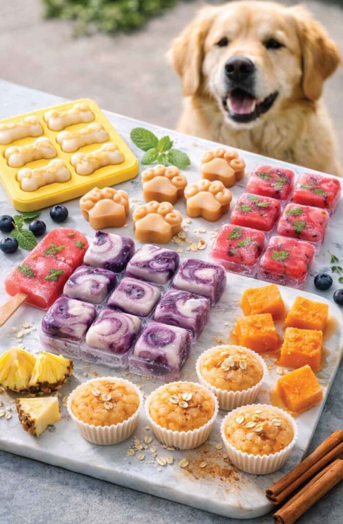 Collection of six homemade frozen dog treats arranged on marble board