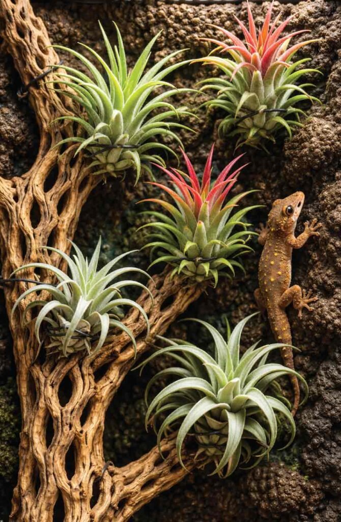 Tillandsia air plants mounted on driftwood with mourning gecko in vertical terrarium