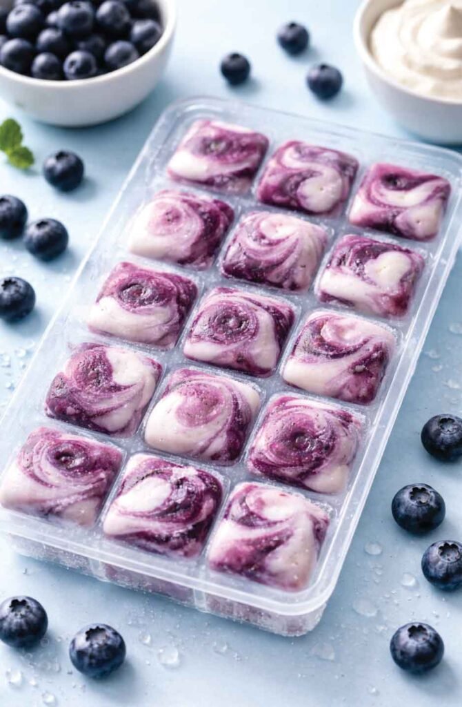 Frozen blueberry and Greek yogurt dog treats with marbled swirl pattern
