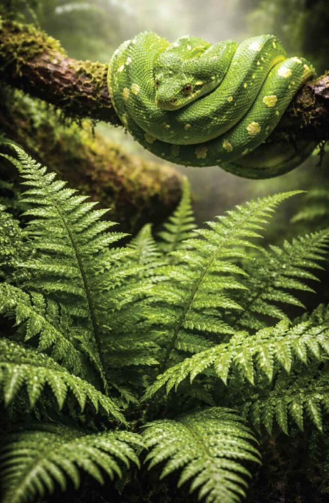 Boston fern with water droplets and green tree python in humid tropical terrarium