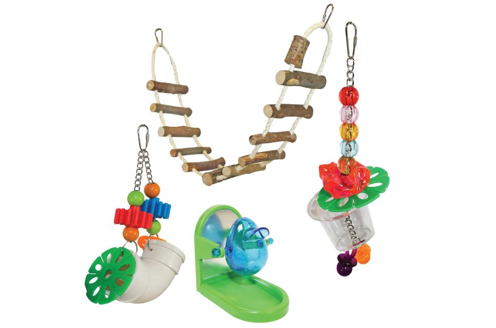 This set combines multiple enrichment tools designed to encourage climbing, foraging, and active play. It’s a great starting point for creating a more dynamic and stimulating cage environment.