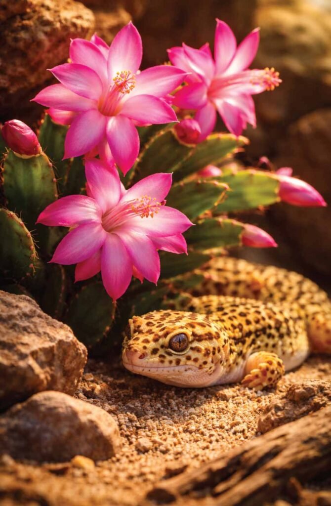 Leopard gecko near blooming pink Christmas cactus in desert terrarium setup