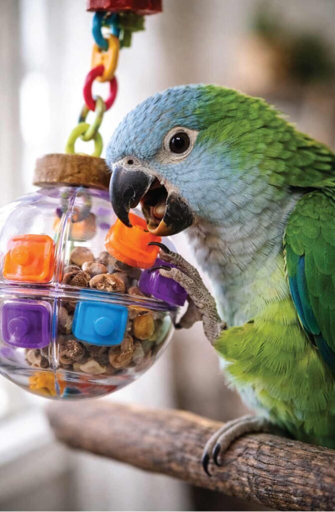Parrot engaged with foraging puzzle toy to prevent boredom and screaming