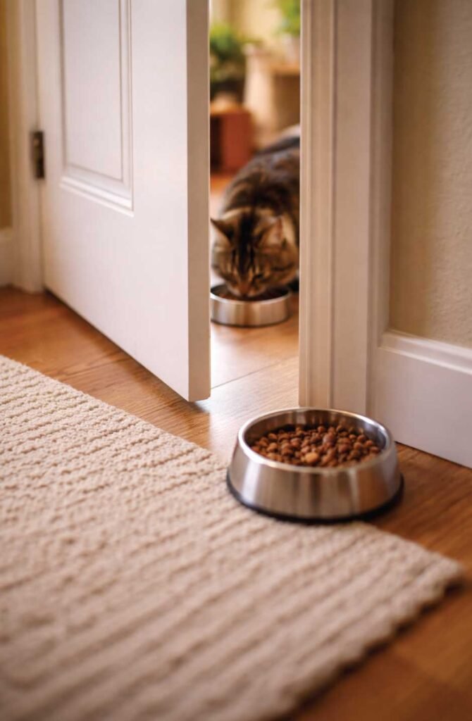 Two cats eating meals on opposite sides of closed door during positive association training