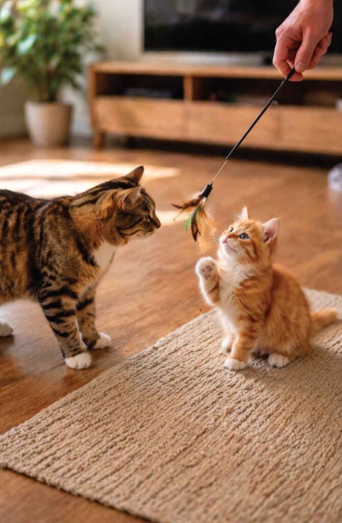 Kitten and adult cat during brief supervised face-to-face interaction with distraction toy