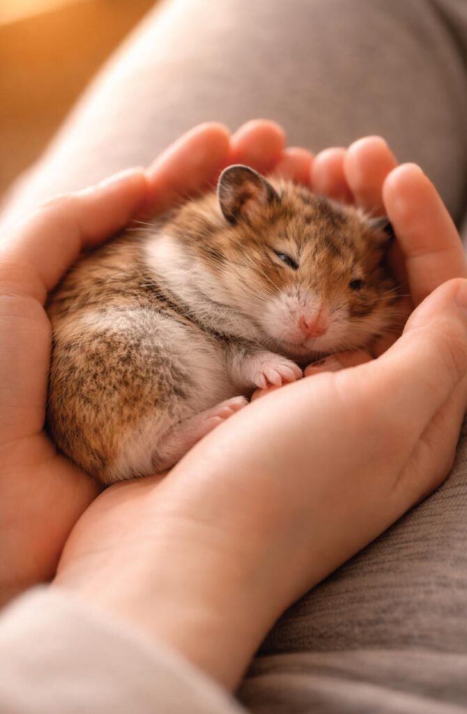 Successfully tamed small pet sleeping peacefully in owner's hands