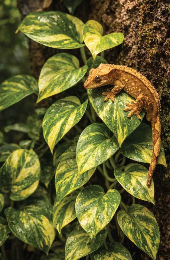 Crested gecko climbing on golden pothos vine in bioactive tropical terrarium