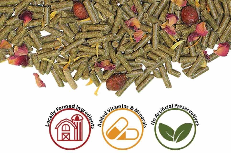 High Fiber nutrition with hand selected Premium Timothy Hays, Natural Flowers & Herbs. Pellets are enriched with Vitamin 'C'. Comprised of all-natural, fresh ingredients, and is veterinarian recommended.