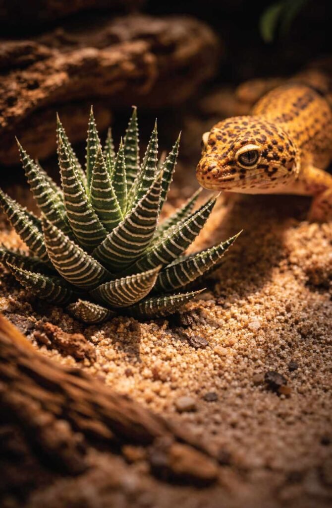 Leopard gecko next to safe haworthia zebra plant in desert terrarium setup