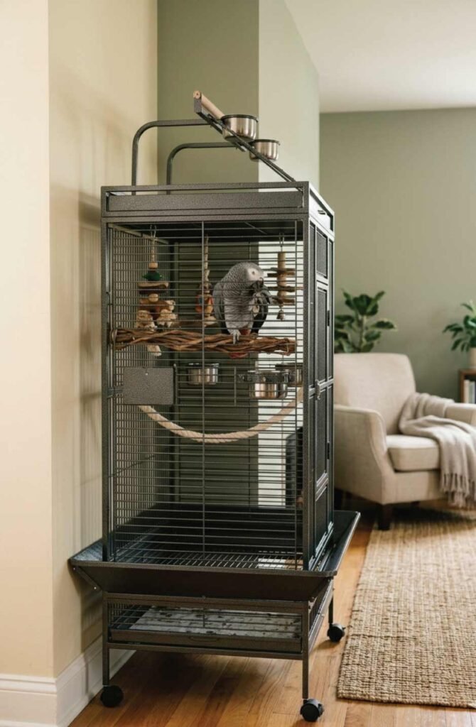 Parrot cage properly positioned against wall in calm, stress-free environment