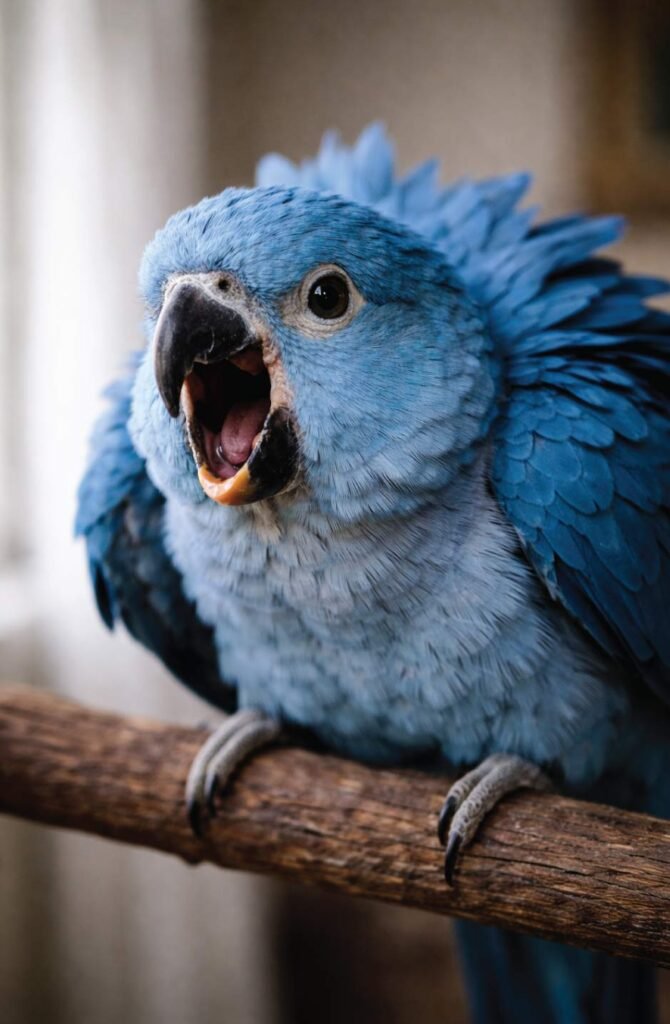 Hormonal parrot displaying territorial behavior with raised feathers and alert posture