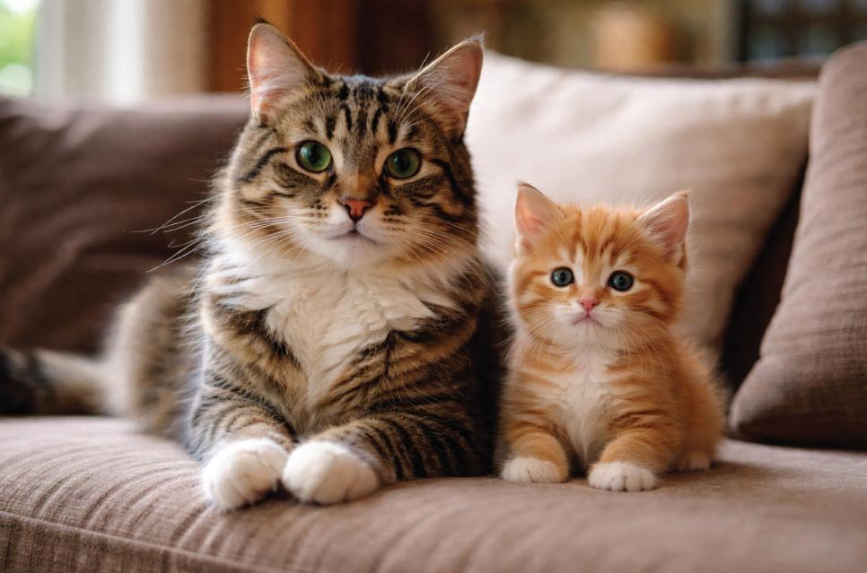 Adult cat and new kitten sitting peacefully together on a couch after successful introduction