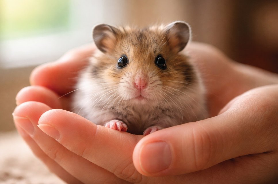 Nervous small pet hamster being gently held in hands during taming process