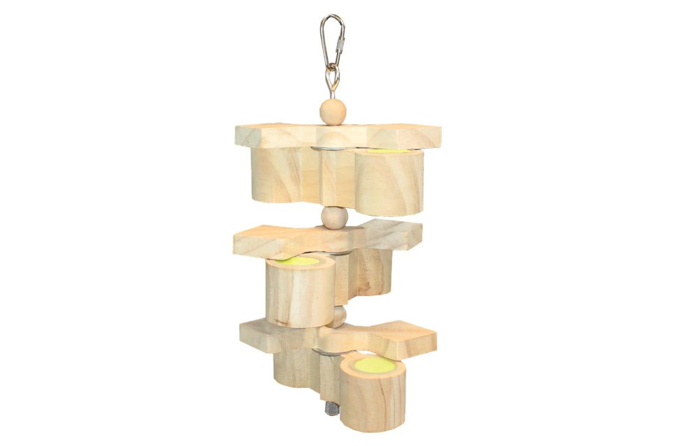 This interactive feeder encourages natural foraging behavior by hiding treats inside rotating compartments, keeping your bird active and mentally engaged during feeding time.