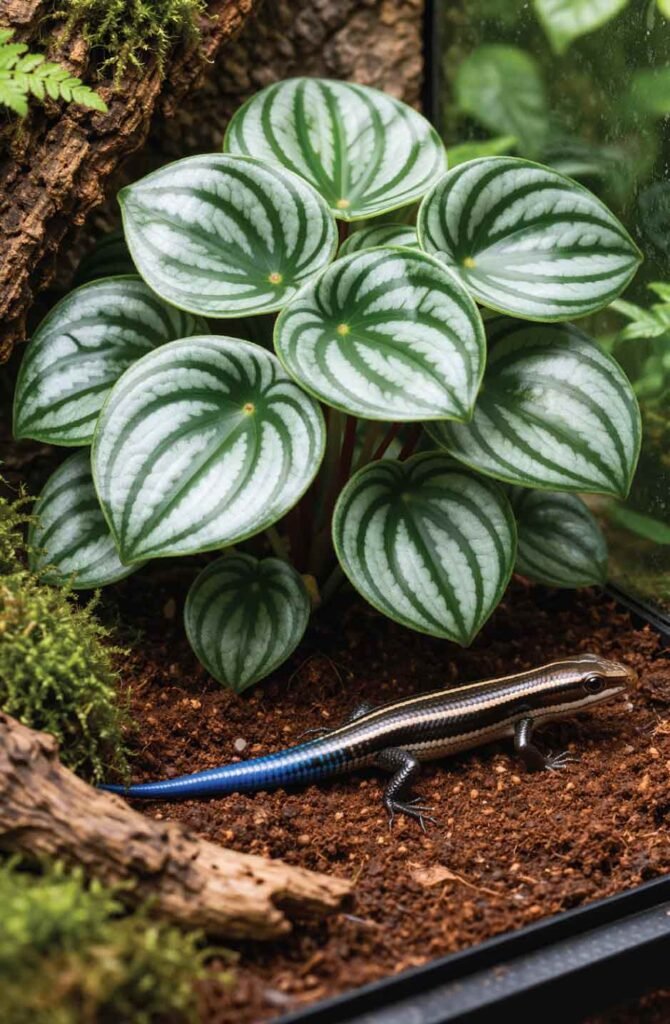 Watermelon peperomia with striped leaves and blue-tailed skink in temperate terrarium
