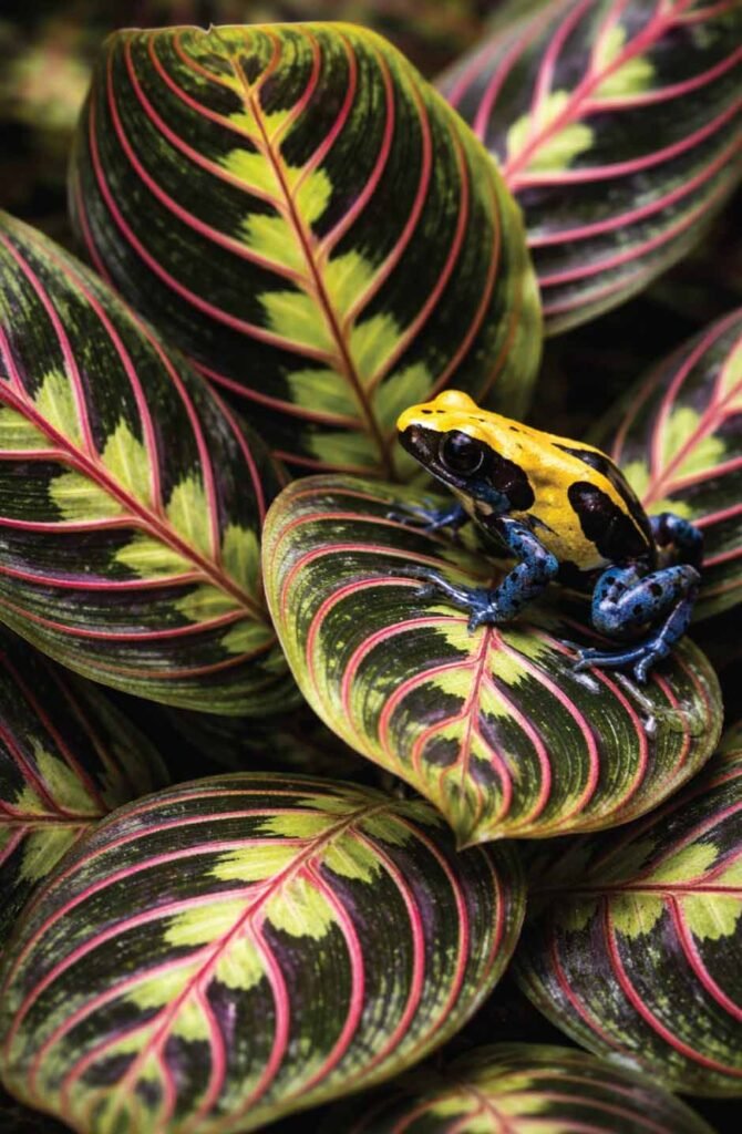 Prayer plant with purple and green patterned leaves and poison dart frog in humid terrarium