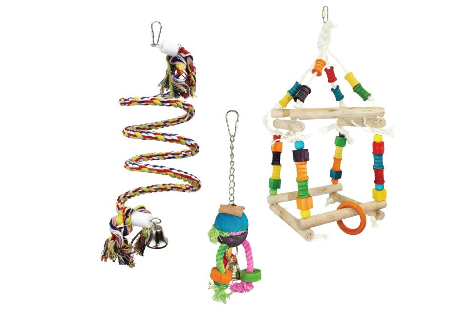 A colorful mix of interactive accessories that promote movement, exploration, and playful behavior. It adds variety to the cage while encouraging natural climbing and activity.