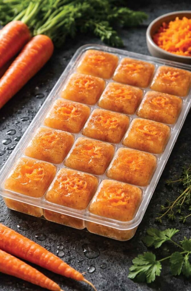 Savory frozen chicken broth and carrot dog treats in ice cube tray