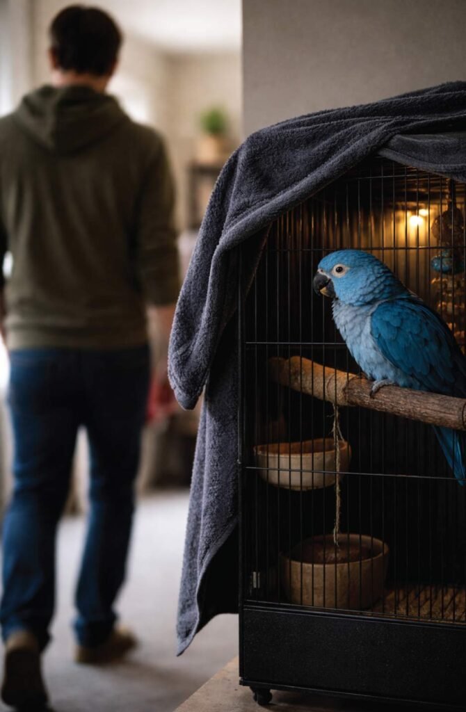Bird owner turning away from screaming parrot to avoid reinforcing loud behavior