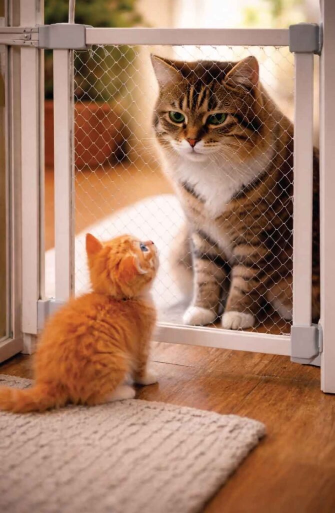 Adult cat and kitten meeting safely through baby gate barrier during controlled introduction