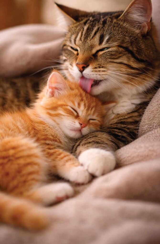 Adult cat and kitten cuddling together peacefully after successful gradual introduction process