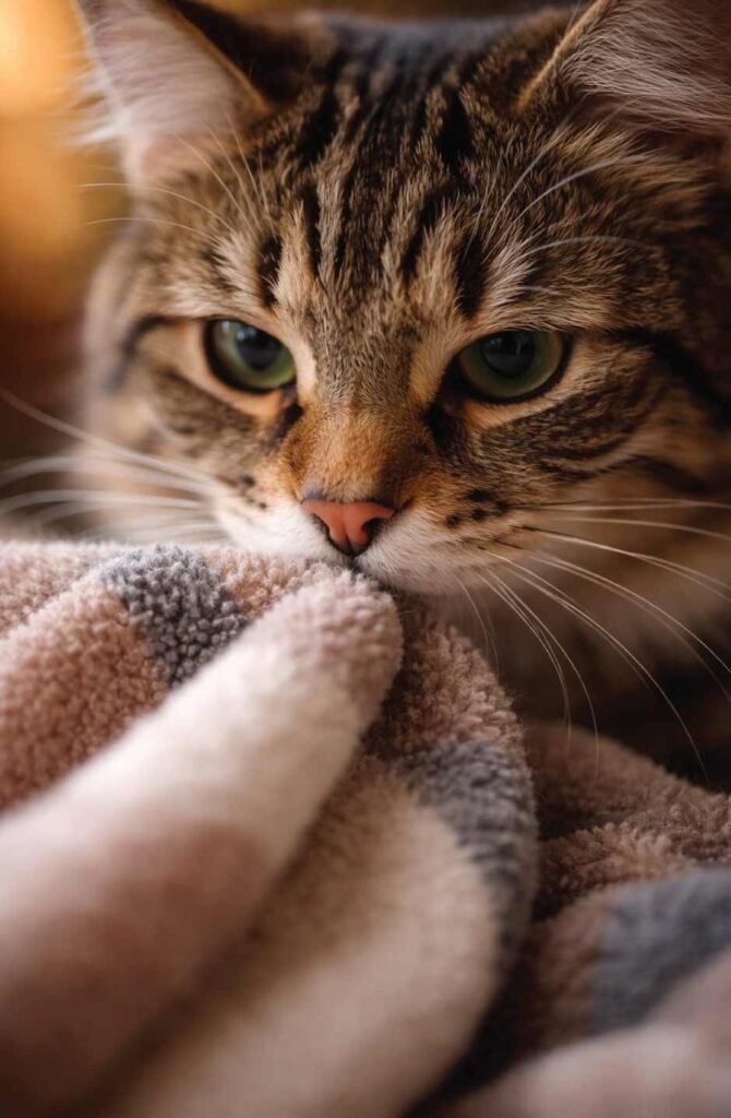 Adult cat sniffing blanket with kitten's scent during scent-swapping introduction phase