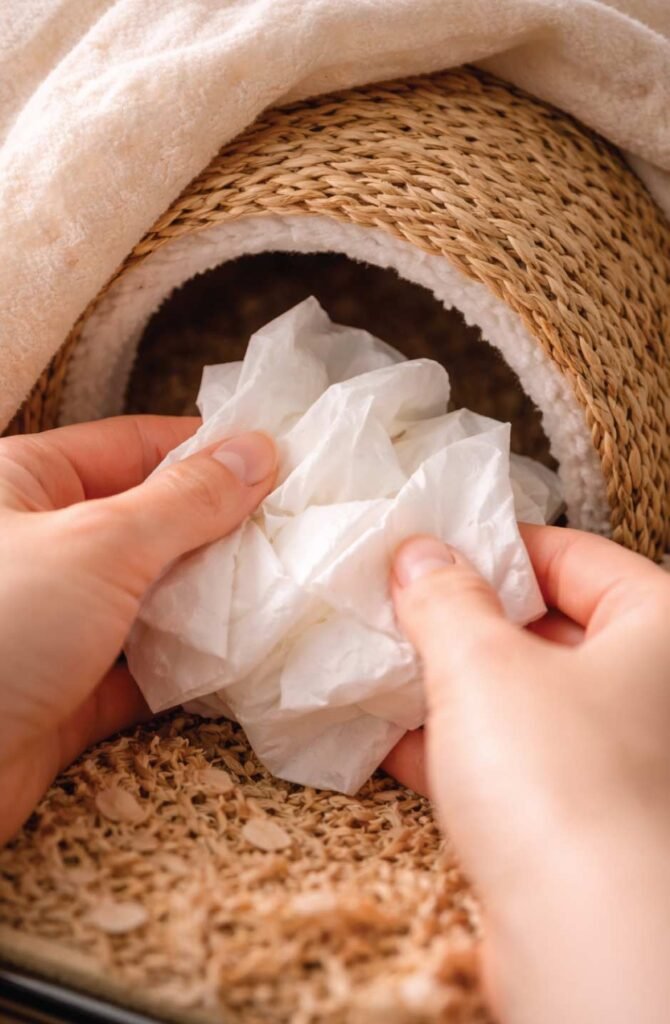 Placing scented tissue in small pet hideout for passive scent introduction