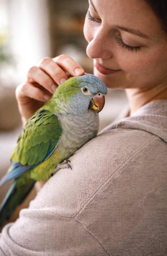 Calm, happy parrot bonding peacefully with owner after behavior training