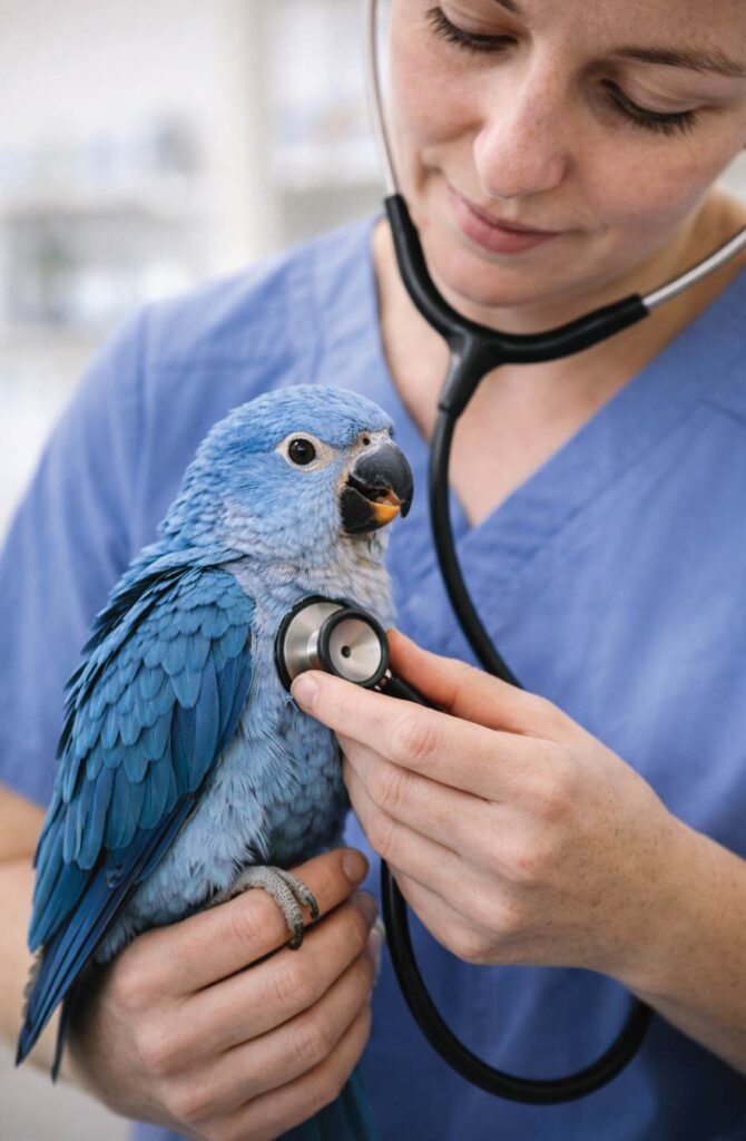 Avian veterinarian examining parrot to check for health issues causing screaming