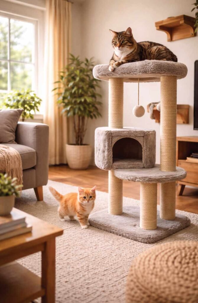 Two cats sharing space peacefully using vertical territory with cat trees and elevated perches