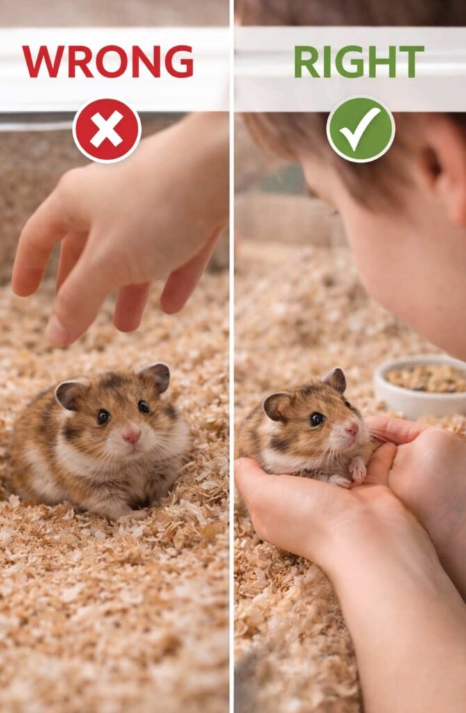 Comparison showing wrong overhead approach versus correct eye-level approach when handling small pets