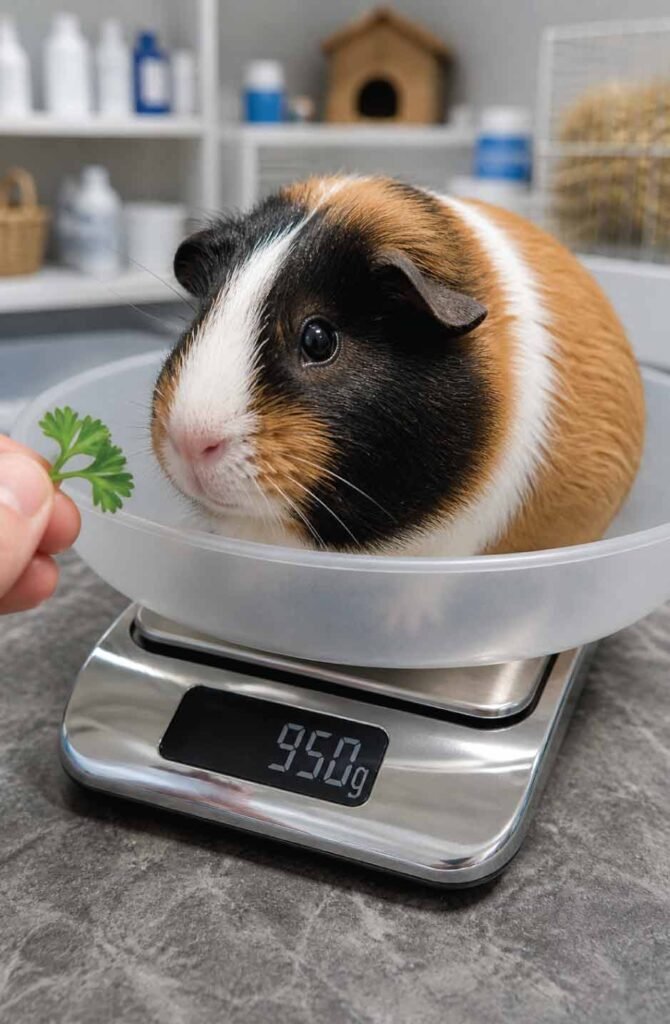 A guinea pig being weighed on a digital kitchen scale, showing an essential health check tip.