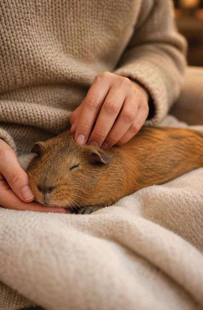 A relaxed guinea pig "pancaked" out on a person's lap being gently petted, showing the bond between pet and owner.