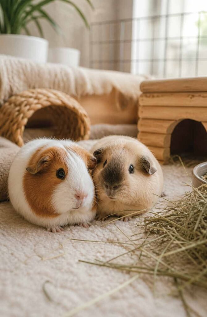 Two relaxed guinea pigs sitting together in a cozy, well-maintained enclosure with hay and fleece bedding.