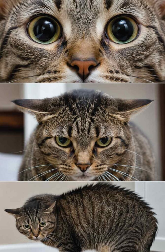 Compilation of cat body language warning signs including dilated pupils, flattened ears, and tense posture before biting