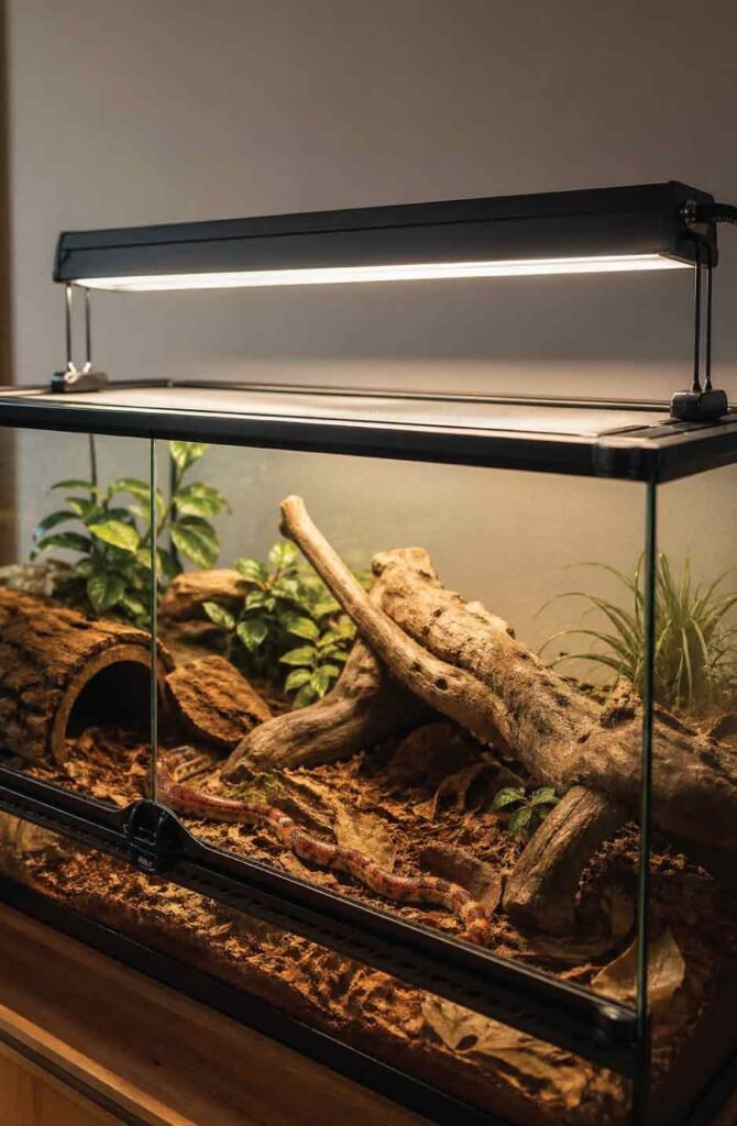 T5 UVB linear light fixture properly mounted above corn snake enclosure for vitamin D3 synthesis