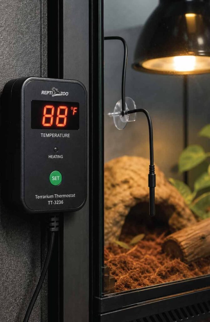 Digital thermostat with temperature probe displaying 88°F for corn snake basking spot temperature regulation
