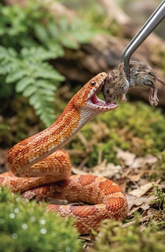 Corn snake striking at appropriately sized frozen-thawed mouse during feeding time with tongs