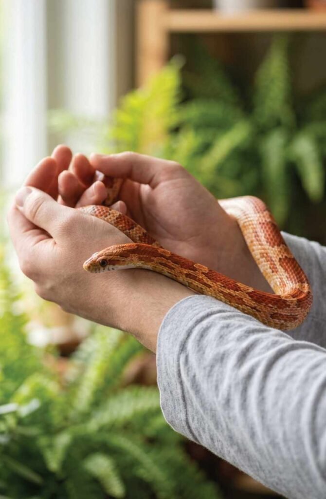Proper corn snake handling technique showing gentle side approach with snake calmly draped across handler's arms